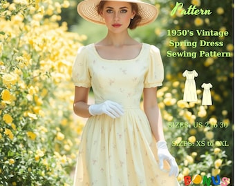 1950's Vintage Spring Dress Sewing Pattern: Midi or Mini (XS-4XL) (Digital Download)