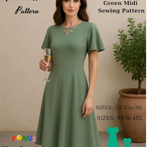 Könnte beinhalten: Elegantes, salbeigrünes Midi-Kleid mit flatternden Ärmeln. Der Text "Fashion Wind Pattern" und "Elegant Sage Green Midi Sewing Pattern" sind zu sehen. Größen: US 2 bis 30 und XS bis 4XL. Ein Bonusgeschenk ist enthalten.