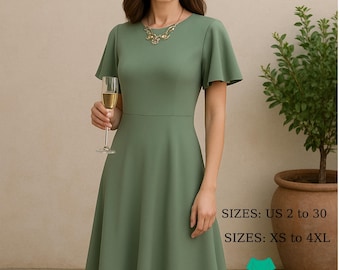 Sage Green Midi Dress with Flutter Sleeves: Sewing Pattern (Digital Download, US 2-30, XS-4XL)