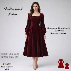 Puede incluir: Un vestido de terciopelo burdeos con escote cuadrado y mangas largas abullonadas. El vestido tiene un corpiño entallado y una falda acampanada. El texto de la imagen dice "Fashion Wind Pattern" y "Romantic Valentine's Day Dress Sewing Pattern". Tallas disponibles: US 2 a 30, XS a 4XL.