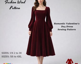 Romantic Valentine’s Day Dress Burgundy Velvet Midi Dress,Square,(Digital Download),(Ditto Projector)