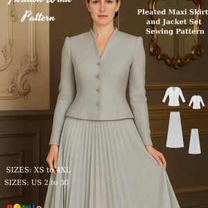 Può includere: Modello di cucito per gonna lunga plissettata e completo giacca grigio chiaro. La giacca ha uno scollo a V e chiusura con bottoni. Taglie XS a 4XL e US 2 a 30 incluse. Il testo "Fashion Wind Pattern" è visibile.