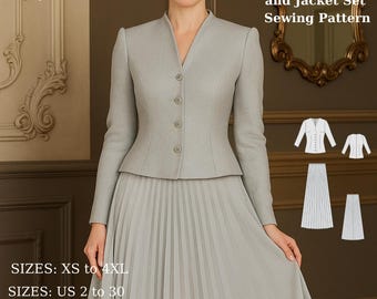 Pleated Maxi Skirt and Jacket Set Sewing Pattern: Formal Evening Wear (PDF Pattern, XS-4XL)