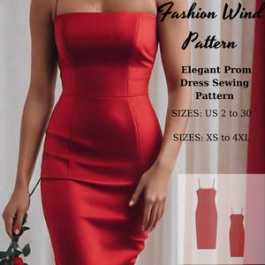 Könnte beinhalten: Nähmuster für ein rotes, ärmelloses Kleid in den Größen 34 bis 48 und XS bis 4XL. Das Muster enthält zwei Illustrationen des Kleides in verschiedenen Größen.