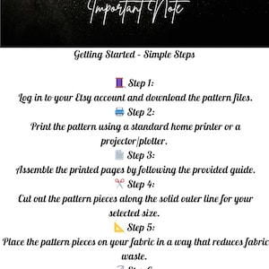 May include: A black and gold graphic with instructions for using a sewing pattern. Text includes "Fashion Wind Pattern Important Note" and steps for downloading, printing, and assembling the pattern. Seam allowance is 1 cm (0.39 inch).