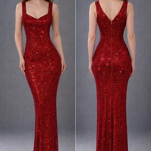 May include: A floor-length, red sequin gown with a sweetheart neckline and a fitted silhouette. The dress features a subtle train and is sleeveless. The image shows the front and back views of the dress.