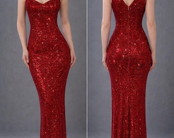 Red Sequin Maxi Gown Sewing Pattern, Square Neck Fitted Formal Dress (PDF Pattern)
