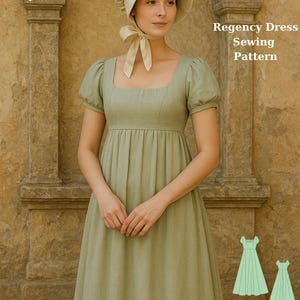 May include: A woman wearing a sage green Regency dress and bonnet. The dress has a square neckline and short, puffed sleeves. The text on the image reads "Fashion Wind Pattern" and "Regency Dress Sewing Pattern". Sizes available: XS to 4XL and US 2 to 30.