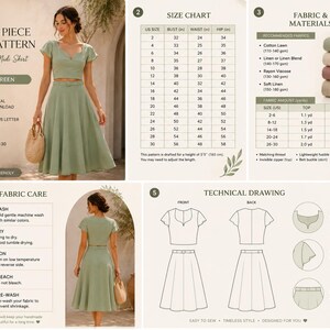 May include: Sage green two-piece set pattern for a top and midi skirt. Includes a size chart, fabric recommendations, and fabric care instructions. The pattern is available in sizes US 2-30 and is beginner-friendly.