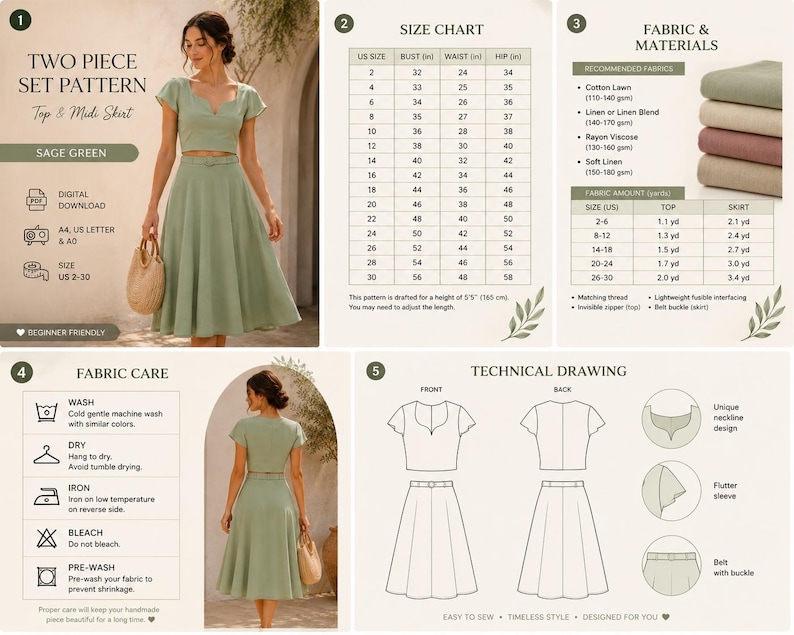 May include: Sage green two-piece set pattern for a top and midi skirt. Includes a size chart, fabric recommendations, and fabric care instructions. The pattern is available in sizes US 2-30 and is beginner-friendly.