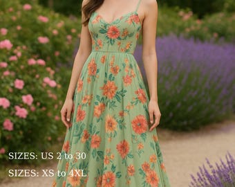Floral Maxi Dress Sewing Pattern: Green Summer Sundress (Digital Download)