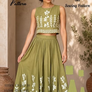 May include: Olive green two-piece set with white floral embroidery. The set includes a sleeveless crop top and a long skirt. The image also includes the text "Fashion Wind Pattern" and "Boho Embroidered Set Sewing Pattern". Sizes available: US 2 to 30 and XS to 4XL.