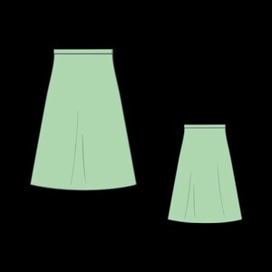 May include: Two light green skirts are displayed against a black background. The skirts have a simple, A-line silhouette with a fitted waistband. One skirt is larger than the other, suggesting different sizes or styles.