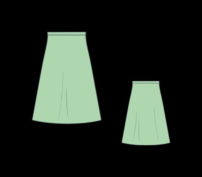 May include: Two light green skirts are displayed against a black background. The skirts have a simple, A-line silhouette with a fitted waistband. One skirt is larger than the other, suggesting different sizes or styles.