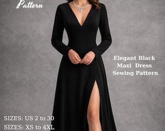 Elegant Black Maxi Evening Dress with Deep V Neck : (US 2-30, XS-4XL (Digital Download)