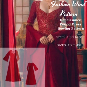 Puede incluir: Un patrón de costura para un vestido de época renacentista rojo. El patrón incluye las tallas US 2 a 30 y XS a 4XL. La imagen muestra a una mujer con un vestido rojo de manga larga y escote bajo. El vestido está decorado con bordados dorados. El patrón está disponible para su compra.