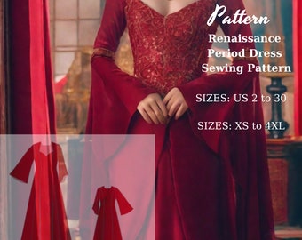 Renaissance Period Dress Sewing Pattern, Medieval Princess Dress Sewing Pattern, Medieval Palace Dress, Maxi Dress,Halloween Costume, XS-4XL