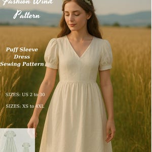 Puff Sleeve Summer Dress, Puff Sleeve Dress Sewing Pattern, Fairy Cottagecore Dress Pattern Maxi dress ,XS-4XL
