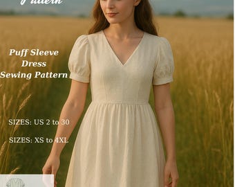 Puff Sleeve Cottagecore Dress Sewing Pattern, Maxi Dress (XS-4XL) (Digital Download)