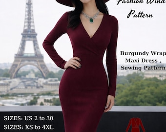 Burgundy Wrap Maxi Dress, Long Sleeve Knit Dress, Elegant Evening Gown, Valentines Day (PDF)