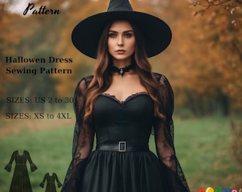Gothic Witch Costume Dress Sewing Pattern: Fantasy Halloween (A4/US Letter, XS-4XL) (PDF Pattern)