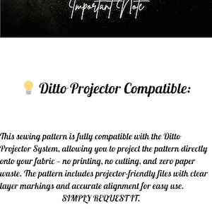 May include: Text on a black and gold background reads "Fashion Wind Pattern Important Note." Below, it states the sewing pattern is Ditto Projector Compatible, allowing direct fabric projection, no printing, cutting, or paper waste.