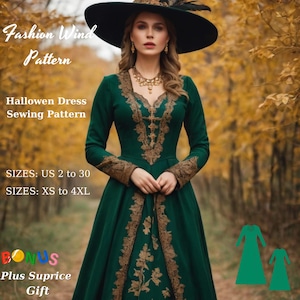 Patrón de costura para disfraz de Halloween, vestido de época renacentista, vestido de princesa medieval, vestido de fantasía, tallas A4/US Letter y A0 -XS-4XL