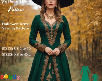 Renaissance Dress Sewing Pattern: Medieval Princess, Halloween Costume (A4/US Letter & A0 -XS-4XL)