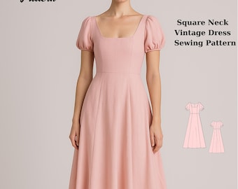 Cottagecore Maxi Dress Sewing Pattern, Square Neck Puff Sleeve (PDF)