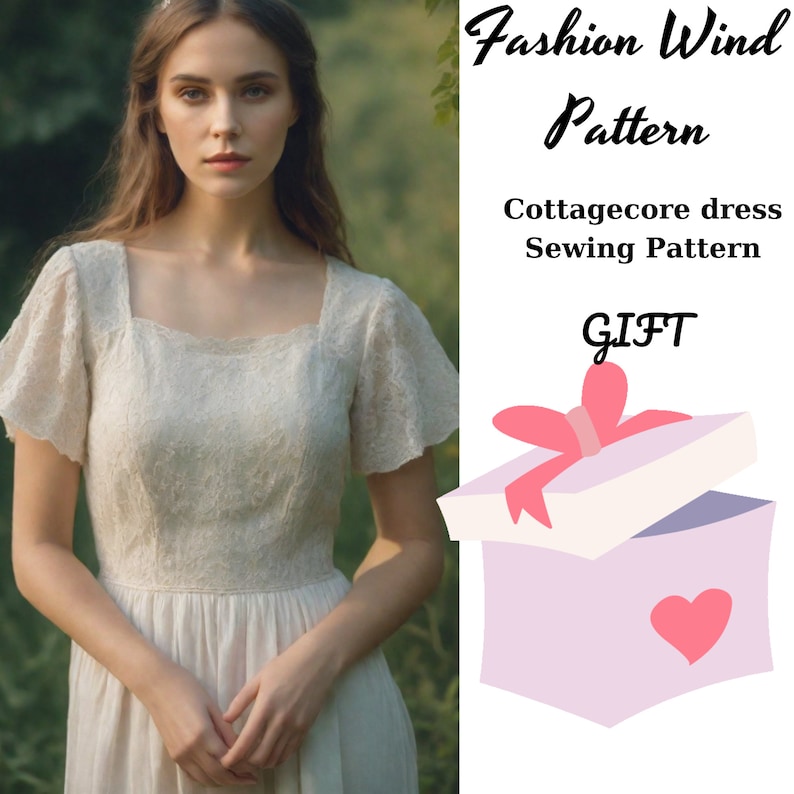 May include: A woman wearing a cream-colored cottagecore dress with a square neckline and short sleeves. The image includes text that reads "Fashion Wind Pattern" and "Cottagecore dress Sewing Pattern". A gift box with a pink bow and heart is also shown.