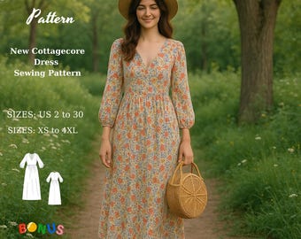 Cottagecore Midi Dress Sewing Pattern: Floral Bishop Sleeve (XS-4XL) (PDF Pattern)