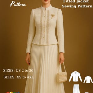 May include: A cream-coloured pleated skirt and fitted jacket sewing pattern. The jacket has a high collar and decorative buttons. The skirt is floor-length. The image includes the text "Fashion Wind Pattern" and "Elegant Pleated Skirt and Fitted Jacket Sewing Pattern."