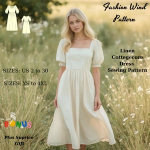 Linen Cottagecore Dress Sewing Pattern: Empire Waist, Short Sleeves (Digital Download)