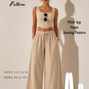 Puede incluir: Conjunto beige de dos piezas con top corto de cuello cuadrado y pantalón de pernera ancha. La imagen incluye el texto "Fashion Wind Pattern" y "Wide Leg Pants Sewing Pattern". Tallas US 2 a 30 y XS a 4XL. Se incluye un regalo extra.