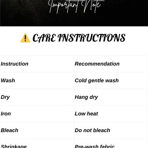 May include: A care instructions graphic with the text "Fashion Wind Pattern Important Note." The instructions include wash, dry, iron, bleach, and shrinkage recommendations. The image has a black and white color scheme.