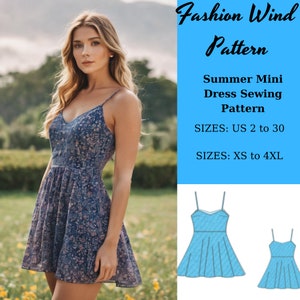 May include: A sewing pattern for a summer mini dress. The pattern is available in sizes US 2 to 30 and XS to 4XL. The pattern includes a line drawing of the dress.