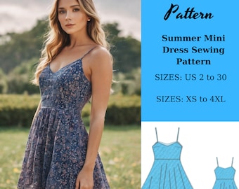 May include: A sewing pattern for a summer mini dress. The pattern is available in sizes US 2 to 30 and XS to 4XL. The pattern includes a line drawing of the dress.