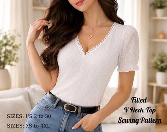 Patrón de costura para top ajustado con cuello en V, patrón de blusa de manga corta para mujer, camiseta elástica fácil de usar
