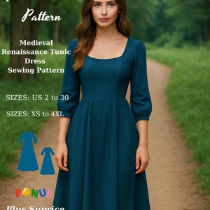 Puede incluir: Un vestido túnica medieval renacentista de color verde azulado. El vestido tiene un escote cuadrado y mangas tres cuartos. La imagen incluye el texto "Fashion Wind Pattern" y "Medieval Renaissance Tunic Dress Sewing Pattern". Tallas disponibles: US 2 a 30 y XS a 4XL.