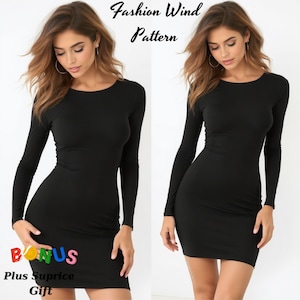 May include: A black long-sleeved dress with a round neckline. The dress is fitted and hugs the body. The dress is shown on a model.
