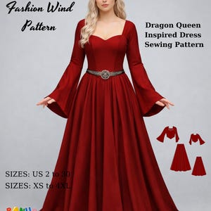 Puede incluir: Un patrón de costura de vestido rojo inspirado en la Reina Dragón. El vestido presenta un escote cuadrado, mangas largas acampanadas y un cinturón decorativo. Incluye el texto "Fashion Wind Pattern" y "TALLAS: US 2 a 30, TALLAS: XS a 4XL".