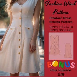 Op de afbeelding: Een wit schortjurk naaipatroon met gouden knopen. Het patroon omvat maten US 2 tot 30 en XS tot 4XL. De afbeelding toont ook een bonus plus suprice cadeau.