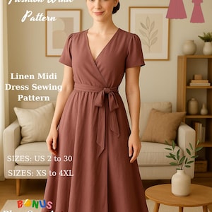 Linen Midi Dress Sewing Pattern: V-Neck Cottagecore Style (Digital Download A4-A0 XS/4XL)