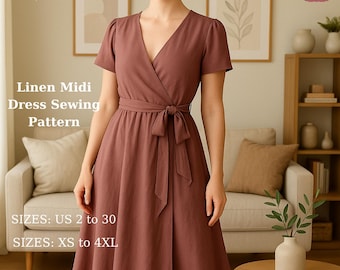 Linen Midi Dress Sewing Pattern: V-Neck Cottagecore Style (Digital Download A4-A0 XS/4XL)