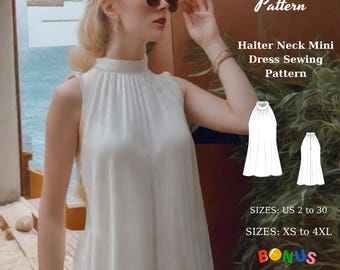 Halter Neck Mini Dress Sewing Pattern: Cottagecore Evening, US 2-30 (Digital Download)