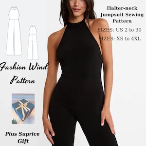 May include: A black halter-neck jumpsuit sewing pattern. The pattern includes sizes US 2 to 30 and XS to 4XL. The pattern is available as a digital download. The image also shows a gift box with a blue ribbon.