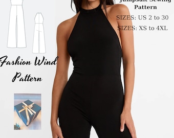 Halter-Neck Jumpsuit Sewing Pattern: Women's Chic Style (A0-A4-US LTR) (Digital Download)