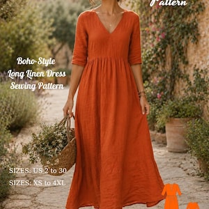 Op de afbeelding: Een lange, roestoranje linnen jurk met een V-hals en driekwartmouwen. De tekst op de afbeelding luidt: Fashion Wind Pattern, Boho-Style Long Linen Dress Sewing Pattern, SIZES: US 2 to 30, SIZES: XS to 4XL, BONUS Plus Suprice Gift.