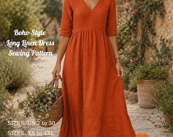 Boho Long Linen Dress Sewing Pattern, Loose Fit, V-Neck (PDF Download)