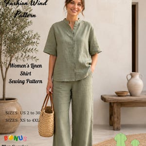 Puede incluir: Una camisa abotonada de color verde salvia con cuello mao y mangas cortas, combinada con pantalones anchos a juego. La imagen incluye el texto: Fashion Wind Pattern, Women's Linen Shirt Sewing Pattern, SIZES: US 2 to 30, SIZES: XS to 4XL, BONUS Plus Suprice Gift.